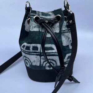 Green and Black Ankara bucket bag with bus design